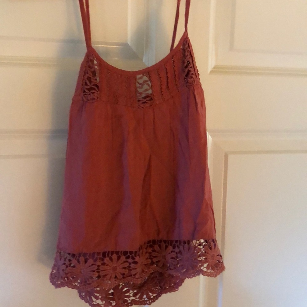 AMERICAN Threads Cross back tank with lace trim.
